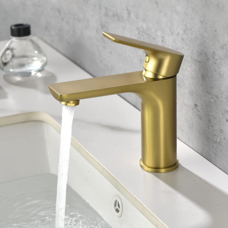 SHAMANDA Brass Bathroom Faucet, Single Handle One Hole Brushed Gold Bathroom Sink Faucet with cUPC Water Supply Lines, LB201-3 - Image 2